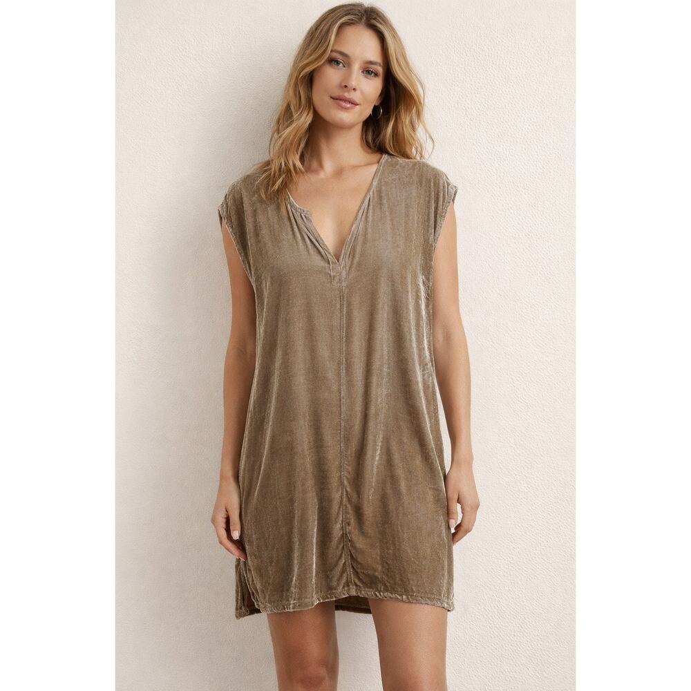 CP Shades Womens Khaki Crushed Velvet V Neck Short Sleeve Shift Tunic Mini Dress